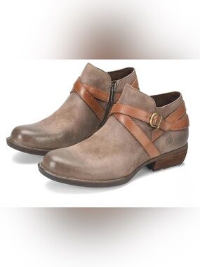 Børn Kelle Distressed Leather Bootie in Taupe  w Wraparound Tan Strap Detail 8.5